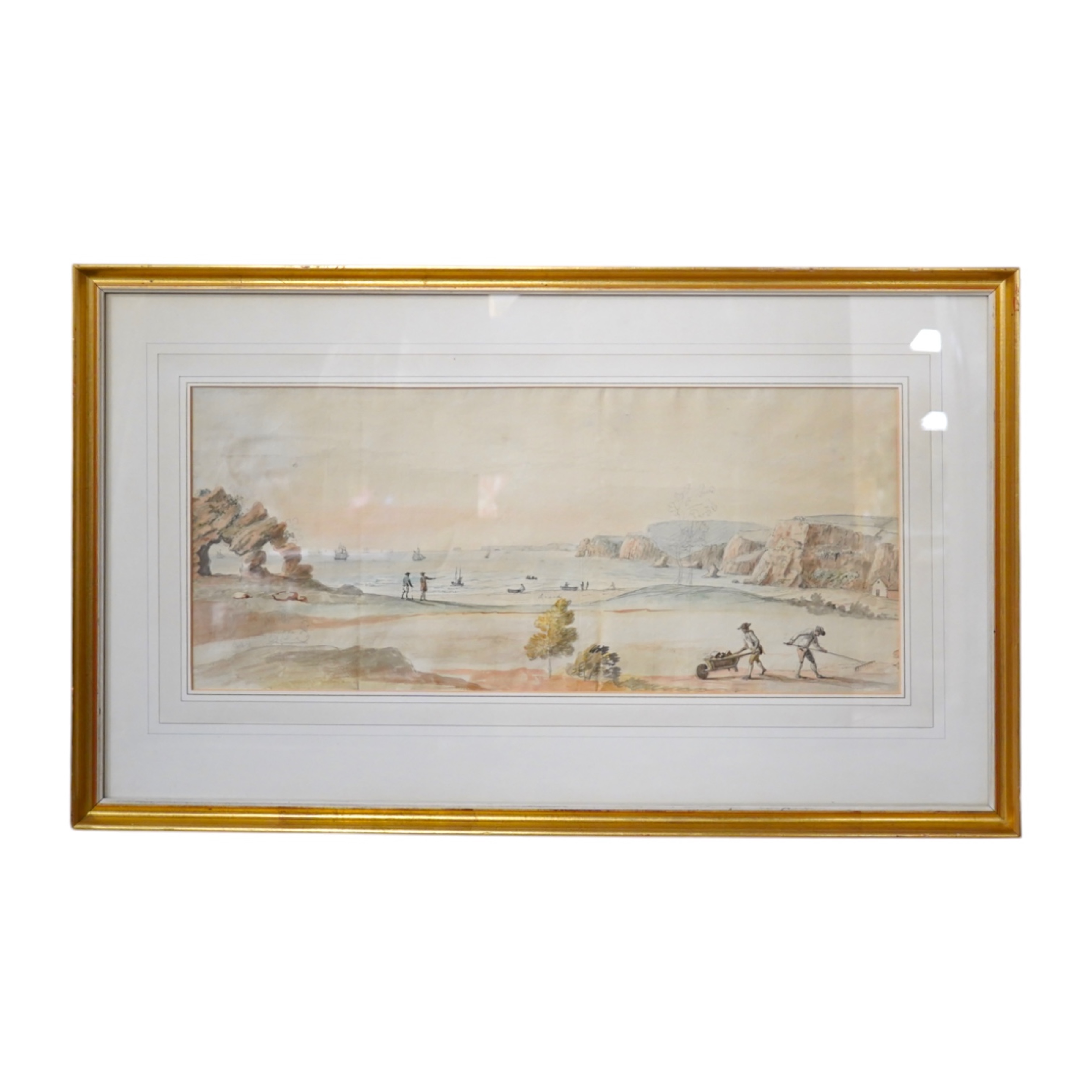 18th century, English School, ink and watercolour, Landscape with figures on beach, gardeners in the foreground, unsigned, 23 x 54cm. Condition - poor